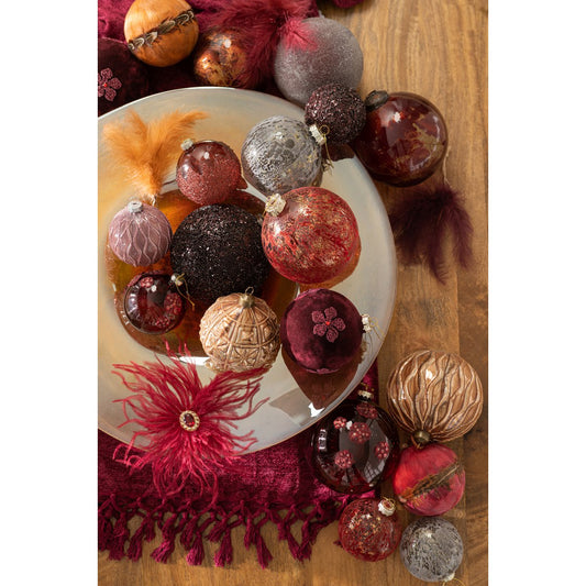 Set van 4 luxe glazen kerstballen met fluwelen afwerking – bordeaux/goud