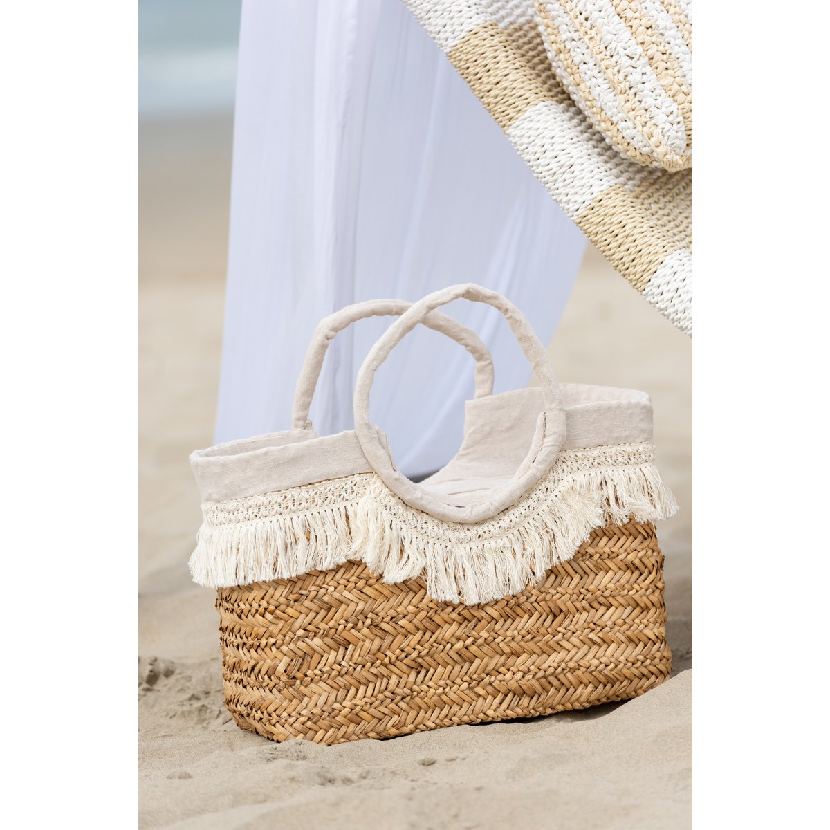 J-Line Strandtasche Fransen geflochten Seegras Nass/Creme