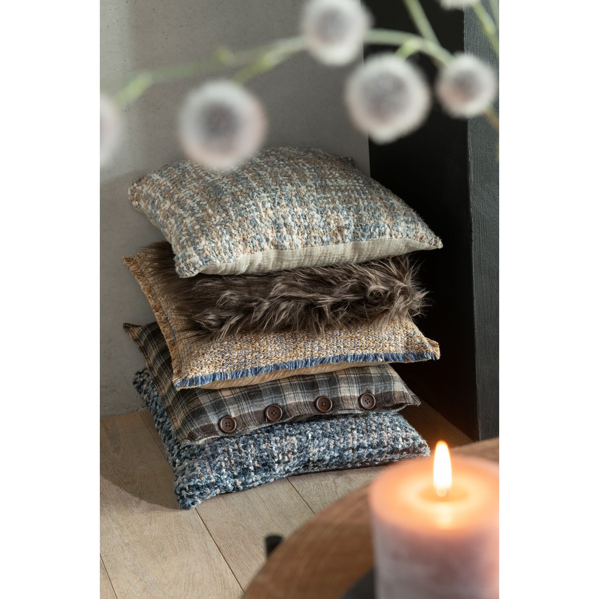 Kussen Tweed blauw/wit