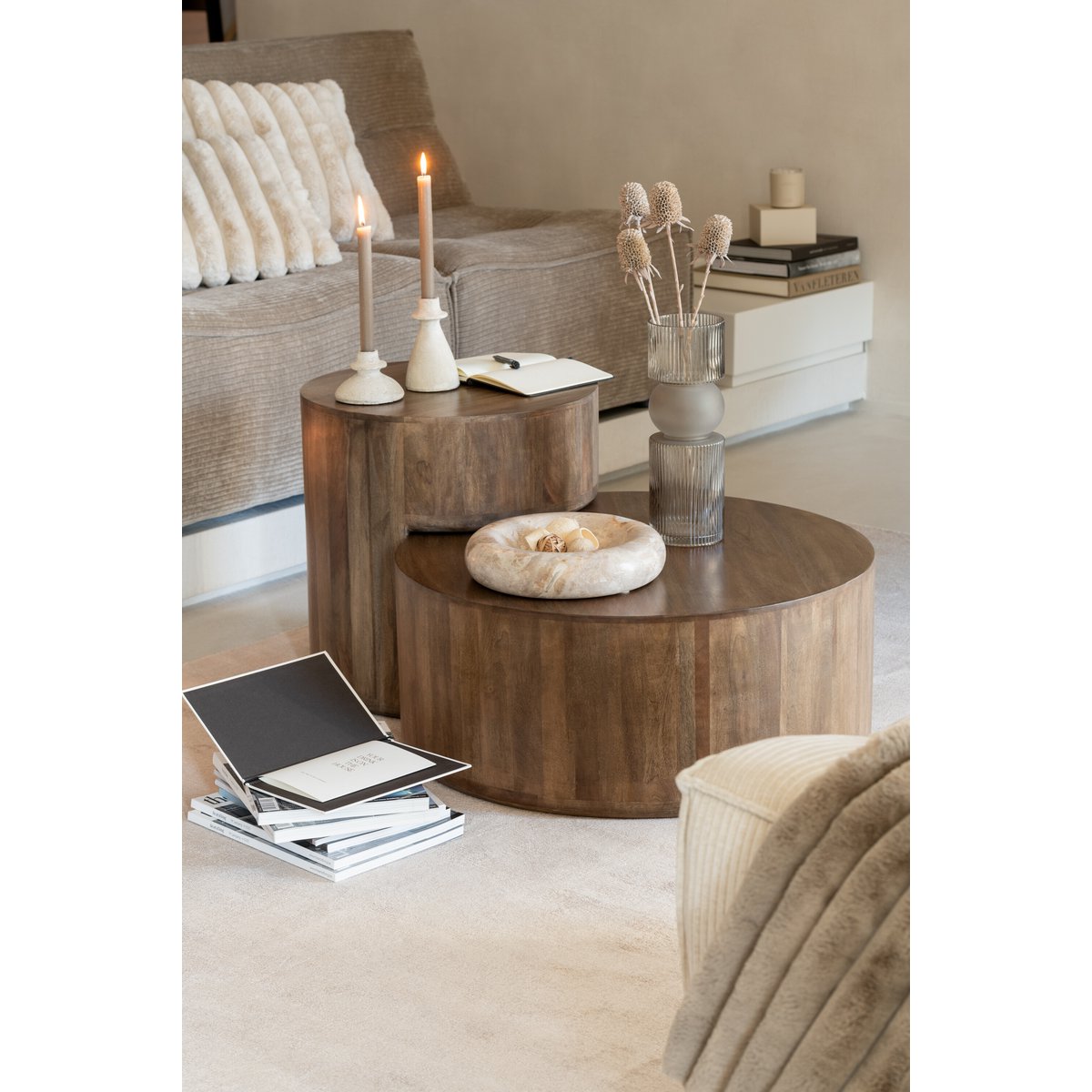 J-Line kom Rond Laag Marmer - steen - beige - large