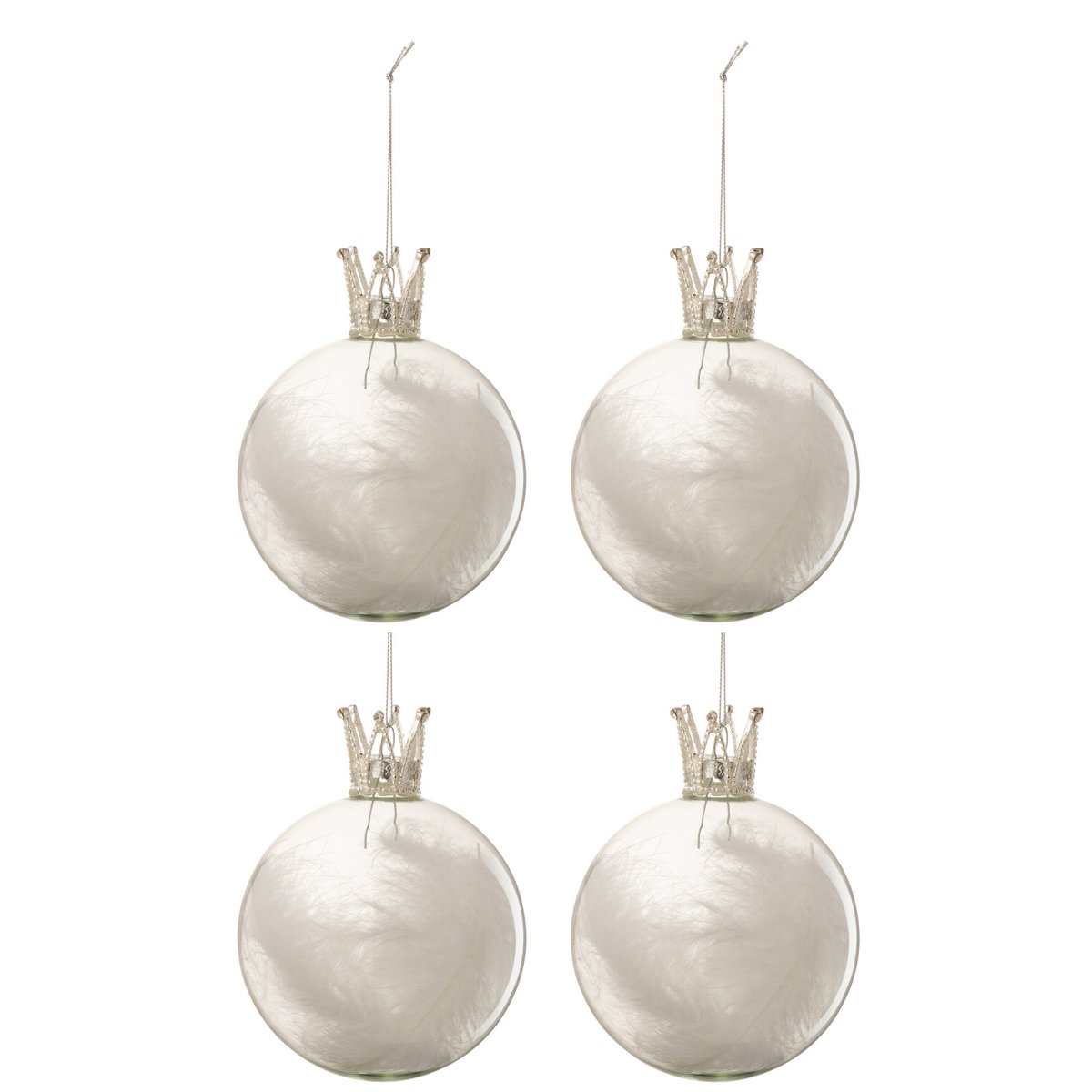 Set van 4 kerstornamenten kroon met witte pluim medium J-Line