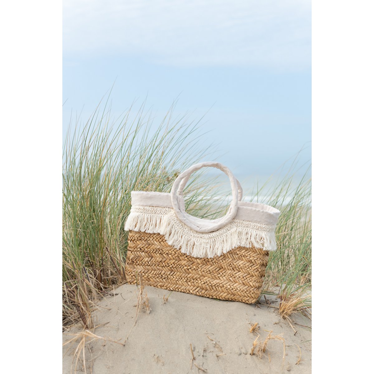 J-Line Strandtasche Fransen geflochten Seegras Nass/Creme