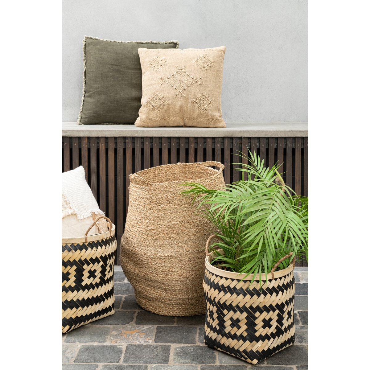 J-Line mand Patronen Handvaten - bamboe - naturel/zwart - 3 stuks