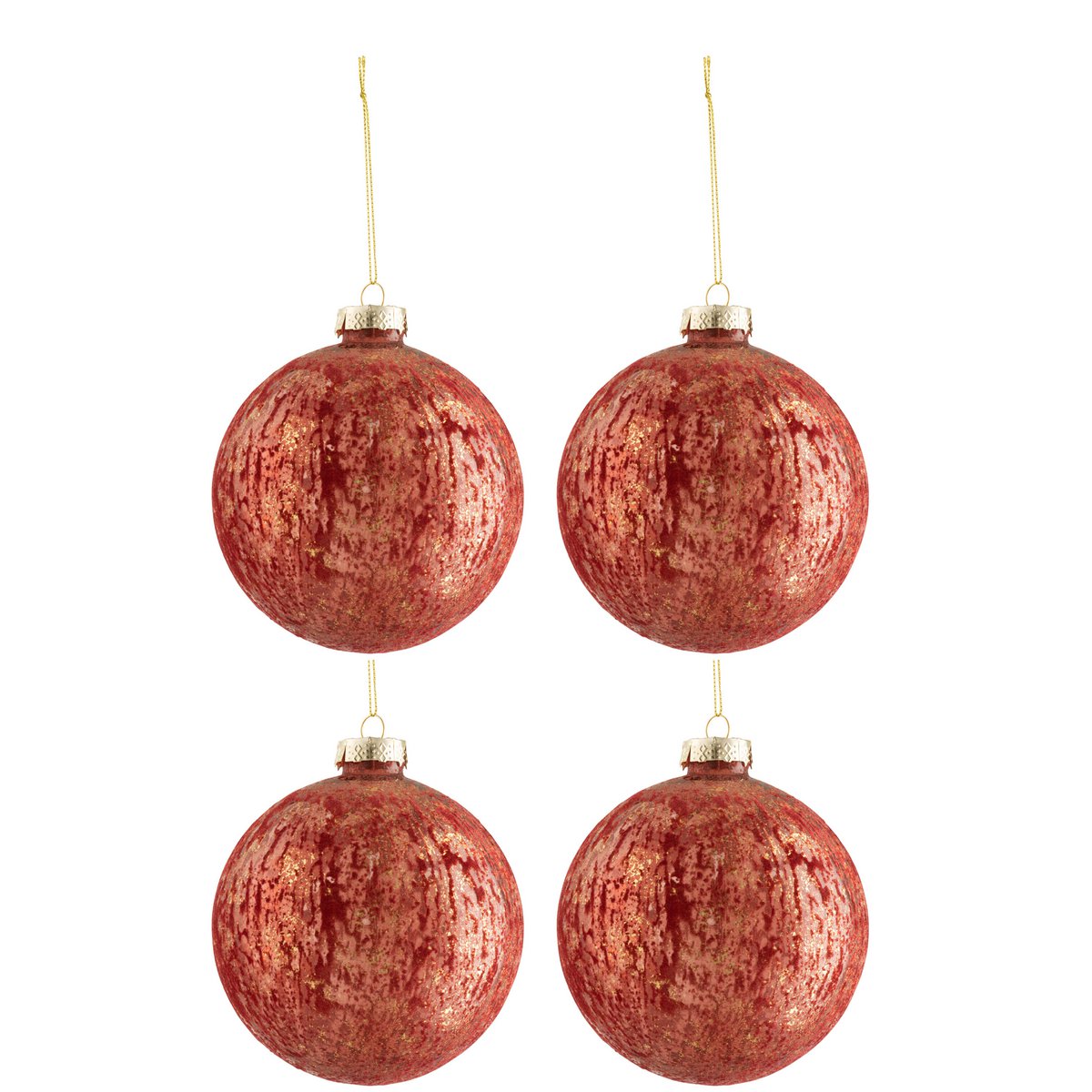 J-Line Doos Van 4 Kerstballen Fluweel Glas Antiek Bordeaux/Goud Large