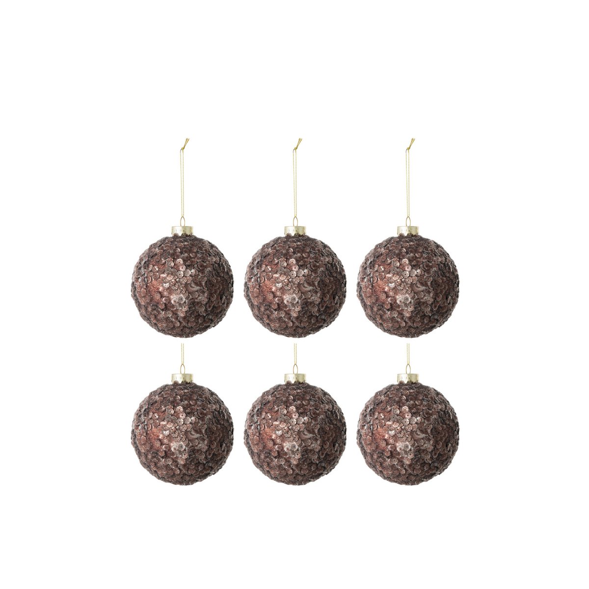 J-Line Doos Van 6 Kerstballen Paillettensuiker Mat Glas Donker Bruin small klein
