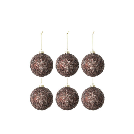 J-Line Doos Van 6 Kerstballen Paillettensuiker Mat Glas Donker Bruin small klein
