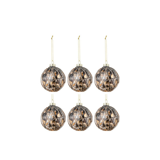 J-Line Doos Van 6 Kerstballen Touwen Glas Zwart/Brons/Grijs Small