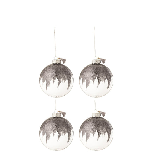 J-Line kerstbal Mini Kwast - glas - grijs/transparant - medium - doos van 4