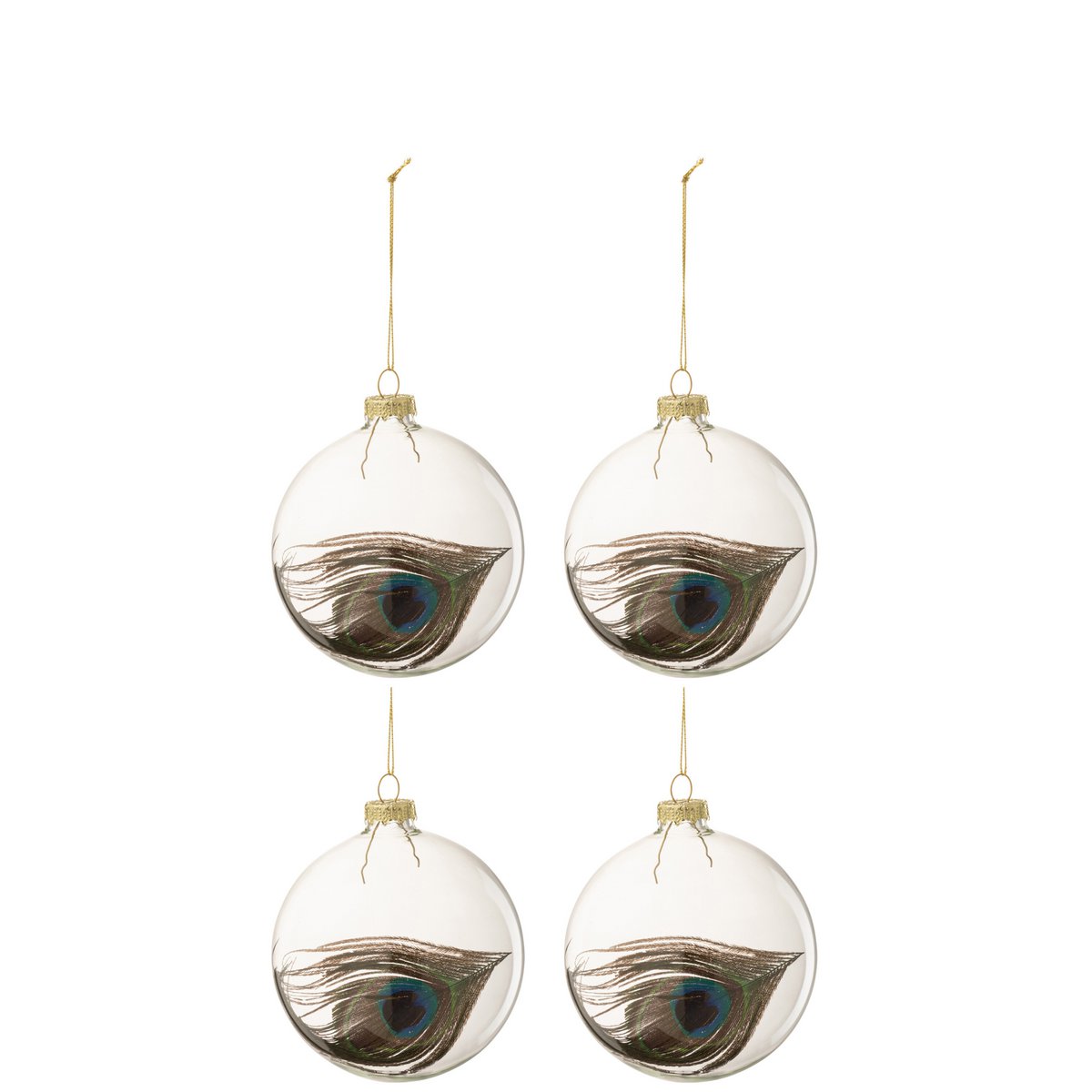 J-Line kerstbal Pauwenveer - glas - transparant - medium - doos van 4