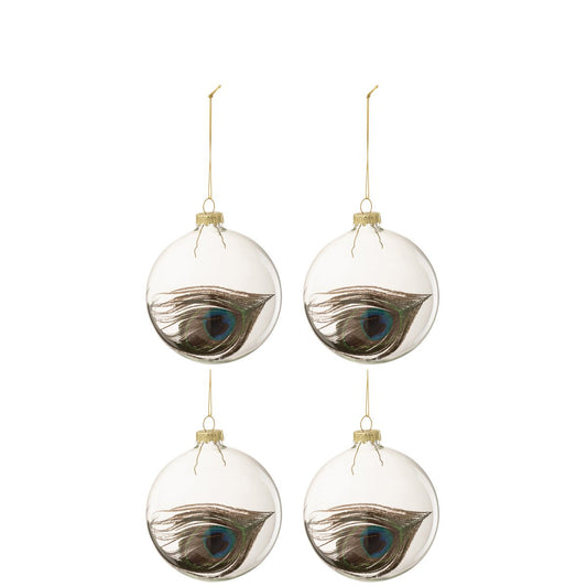 J-Line kerstbal Pauwenveer - glas - transparant - medium - doos van 4