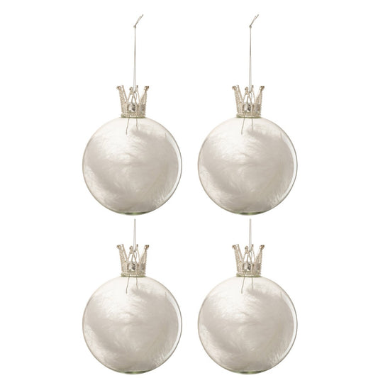 Set van 4 kerstornamenten kroon met witte pluim medium J-Line 