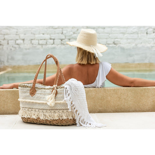Strandtas Kant met kwastjes naturel/wit