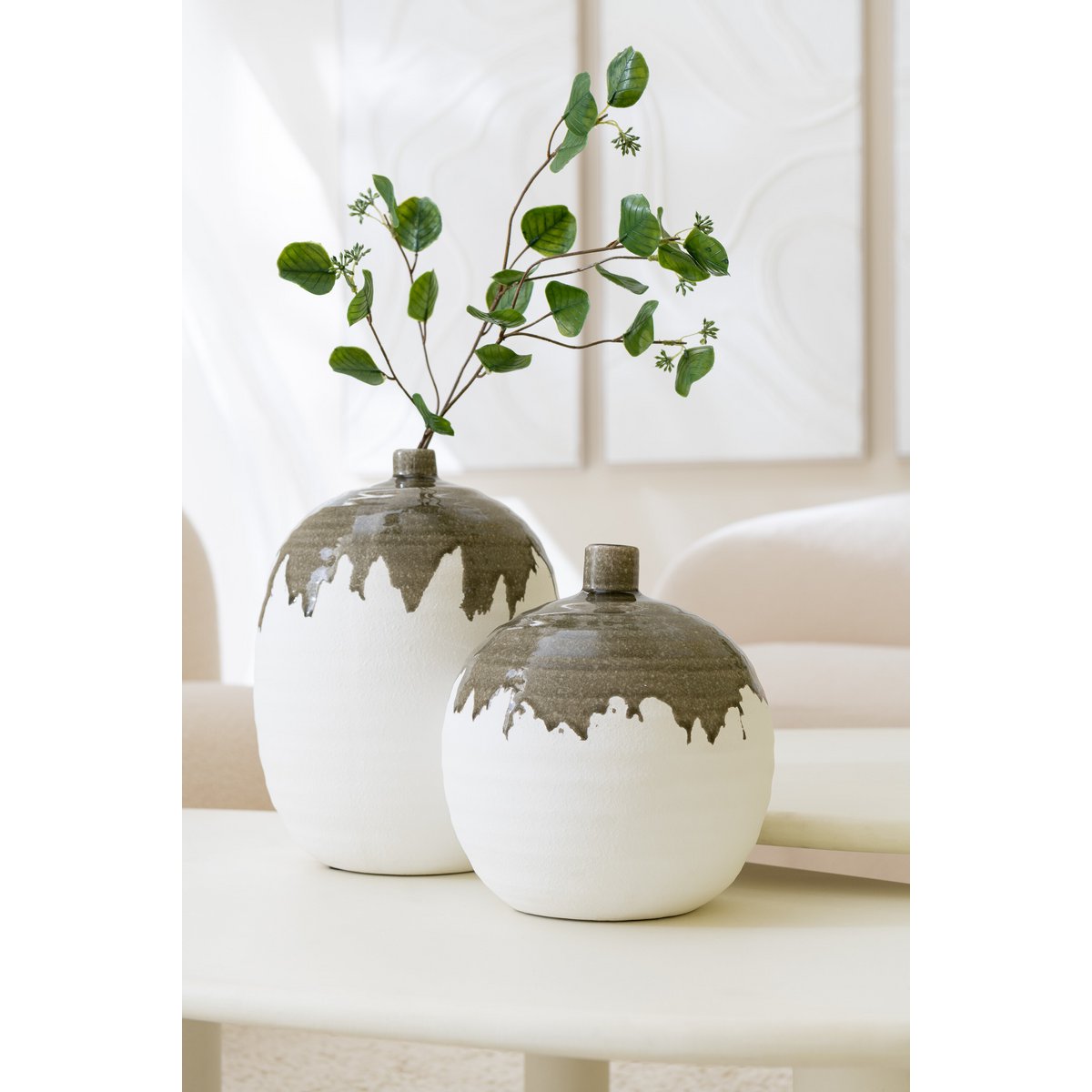 J-Line vaas Olea Fles - olijfgroen/wit - small - Ø 23 cm